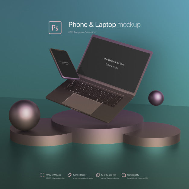 Free Phone And Laptop Floating In An Abstract Scene Mockup Psd