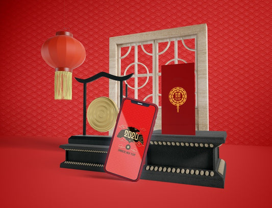 Free Phone Mock-Up With Chinese New Year Traditional Objects Psd