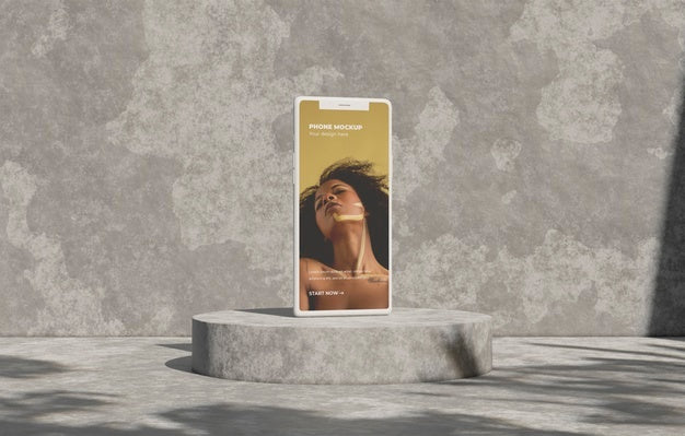 Free Phone Mockup On Concret Wall With Shadow Psd