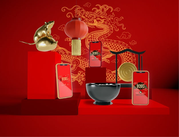 Free Phones Mock-Up With Chinese New Year Objects Psd