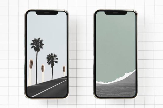 Free Phones Mockup With Minimal Nature Scene Wallpaper Psd