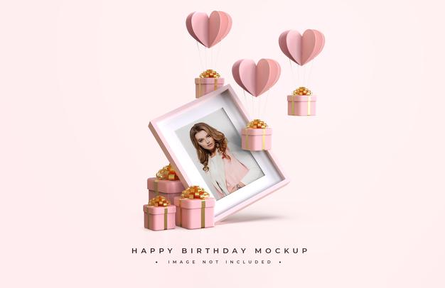 Free Pink And Gold Happy Birthday Mockup Psd