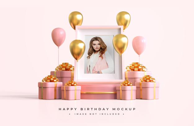 Free Pink And Gold Happy Birthday Mockup Psd