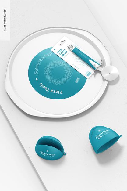 Free Pizza Tools Scene Mockup, Top View Psd