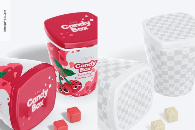 Free Plastic Candy Boxes Mockup, Perspective Psd