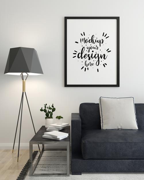 Free Poster Frame In Living Room Mock Up Psd