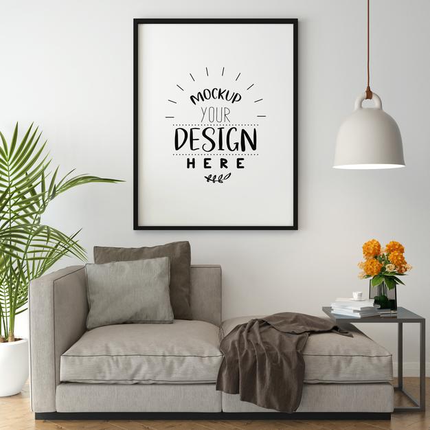 Free Poster Frame In Living Room Mock Up Psd