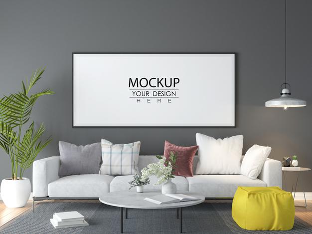 Free Poster Frame In Living Room Mock Up Psd