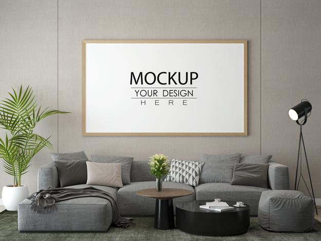 Free Poster Frame In Living Room Mock Up Psd