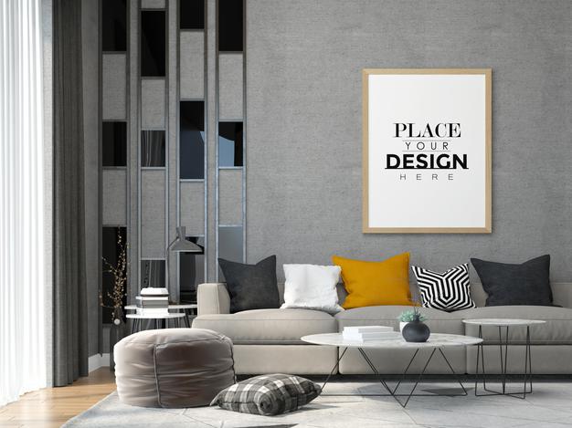 Free Poster Frame In Living Room Mock Up Psd