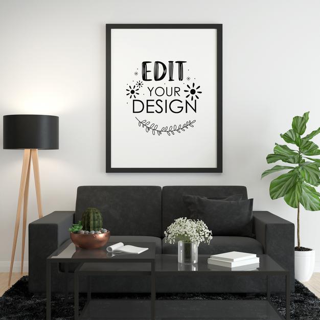 Free Poster Frame In Living Room Mock Up Psd