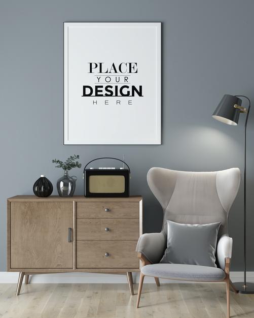 Free Poster Frame In Living Room Mock Up Psd