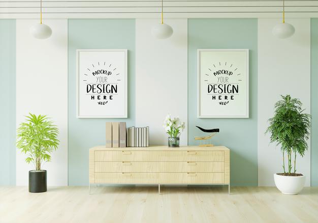 Free Poster Frame In Living Room Mockup Psd