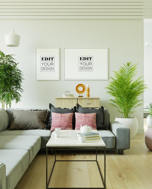 Free Poster Frame In Living Room Mockup Psd