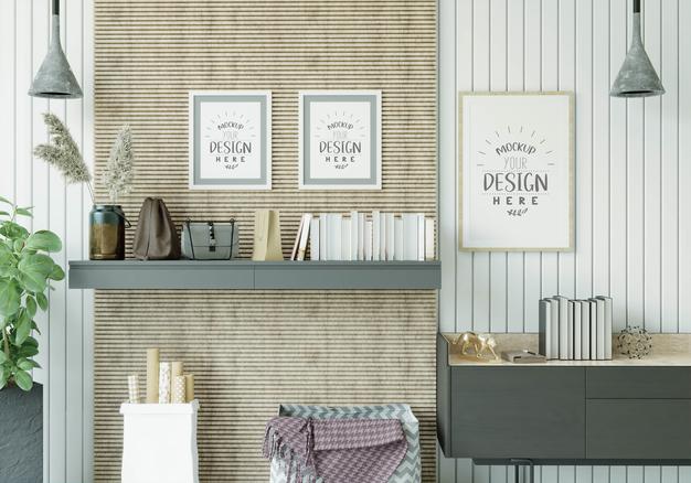 Free Poster Frame In Living Room Mockup Psd