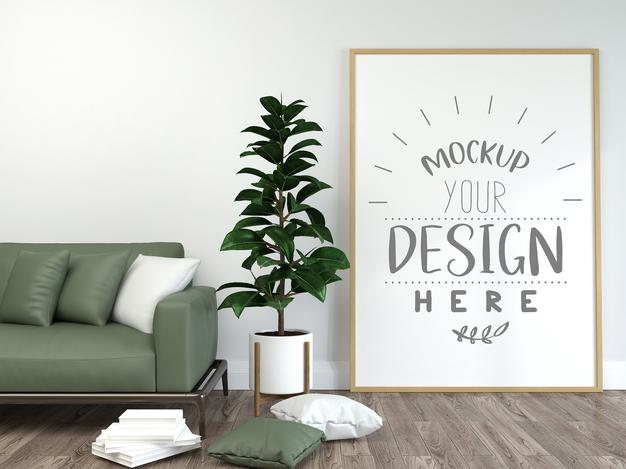 Free Poster Frame In Living Room Mockup Psd