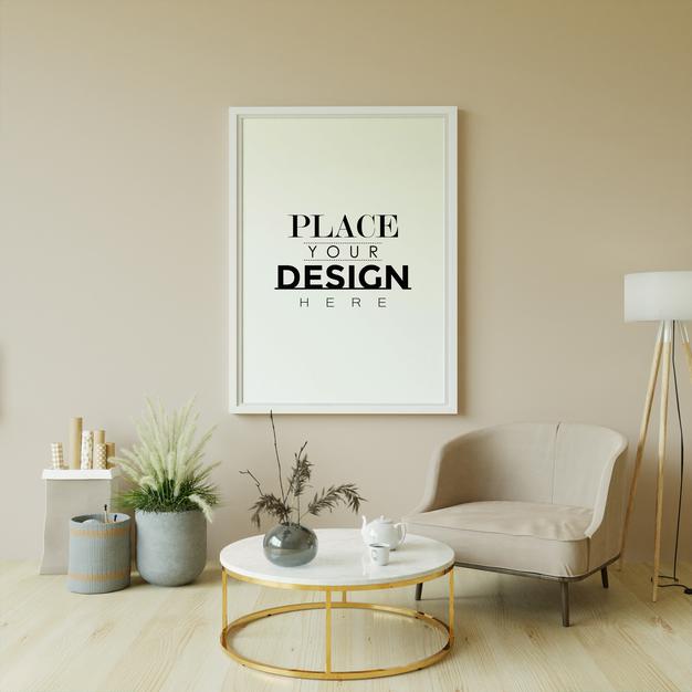 Free Poster Frame In Living Room Mockup Psd