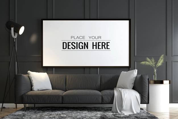 Free Poster Frame In Living Room Mockup Psd