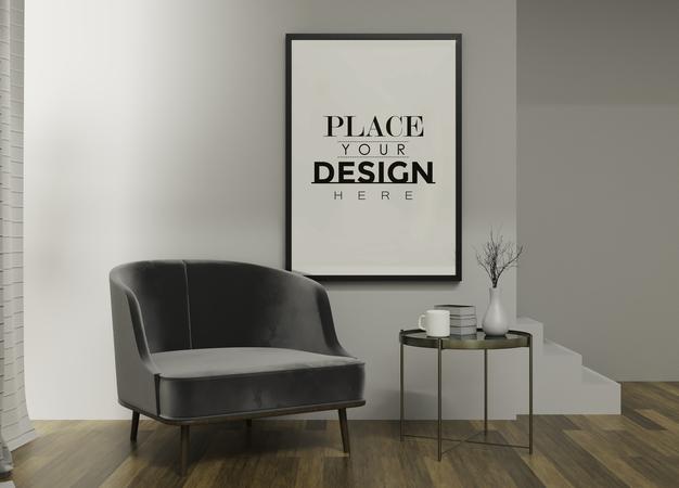 Free Poster Frame In Living Room Mockup Psd