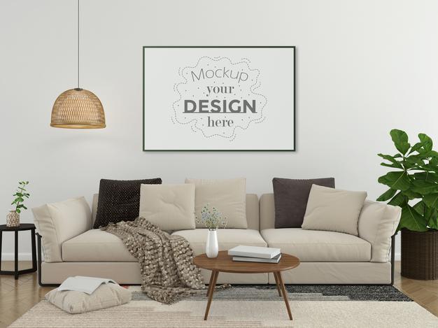 Free Poster Frame In Living Room Mockup Psd