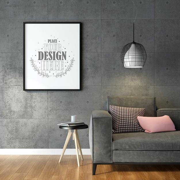 Free Poster Frame In Living Room Mockup Psd