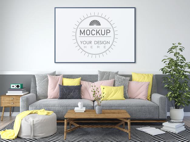 Free Poster Frame In Living Room Mockup Psd