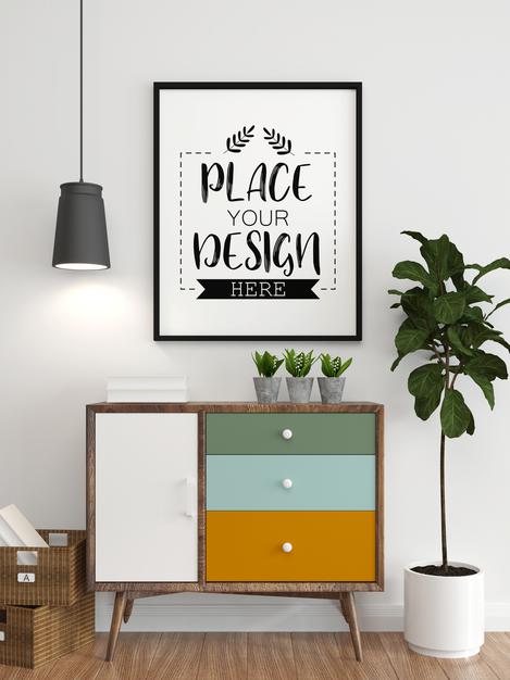 Free Poster Frame In Living Room Mockup Psd