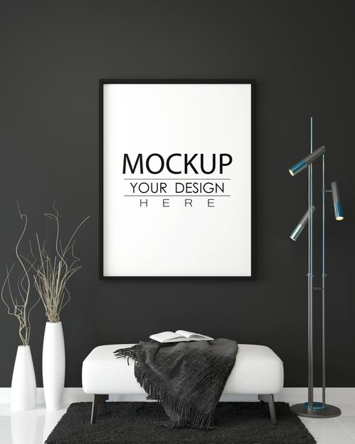 Free Poster Frame In Living Room Mockup Psd