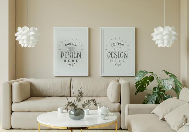 Free Poster Frame In Living Room Mockup Psd