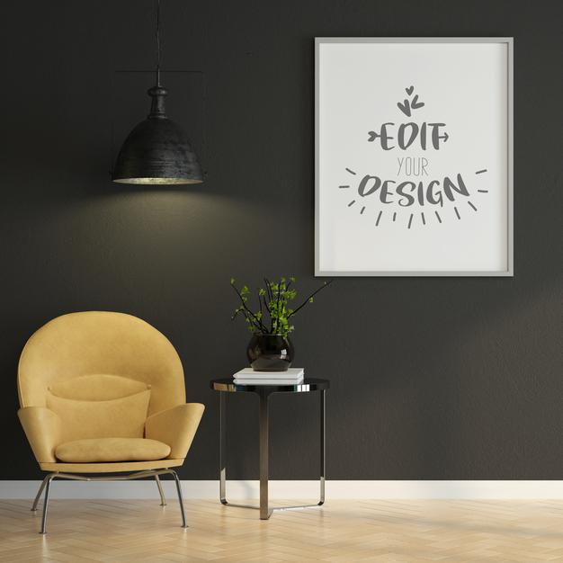 Free Poster Frame In Living Room Mockup Psd