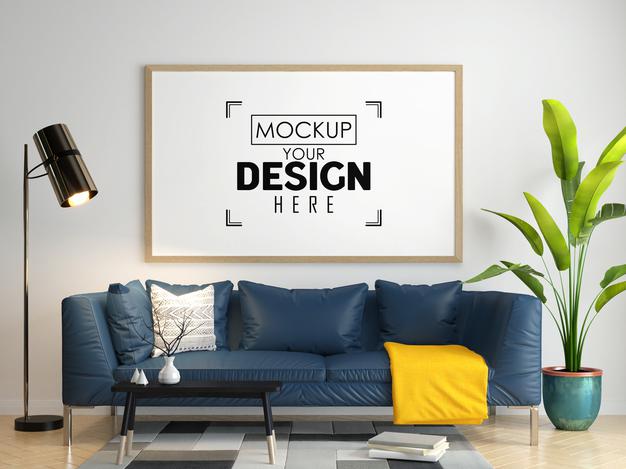 Free Poster Frame In Living Room Mockup Psd