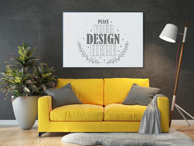 Free Poster Frame In Living Room Mockup Psd