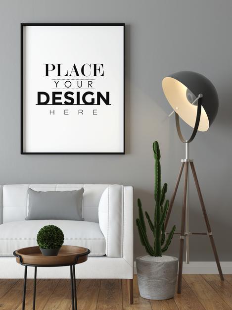 Free Poster Frame In Living Room Mockup Psd