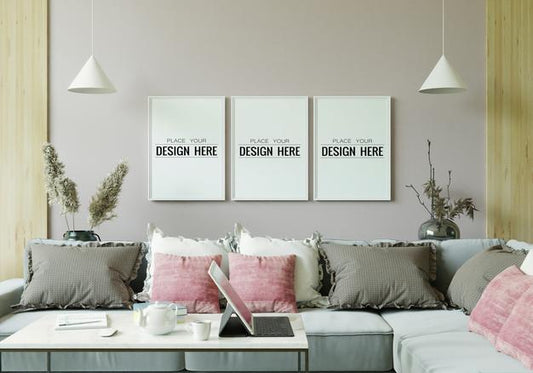 Free Poster Frame In Living Room Mockup Psd