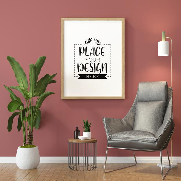 Free Poster Frame In Living Room Mockup Psd