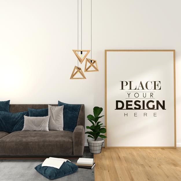 Free Poster Frame In Living Room Mockup Psd