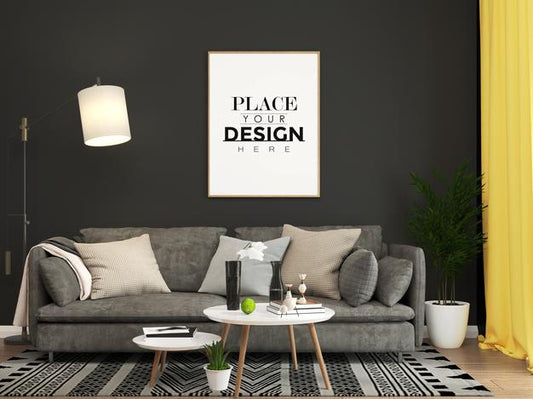 Free Poster Frame In Living Room Mockup Psd