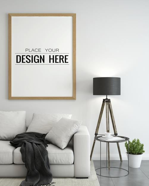 Free Poster Frame In Living Room Mockup Psd