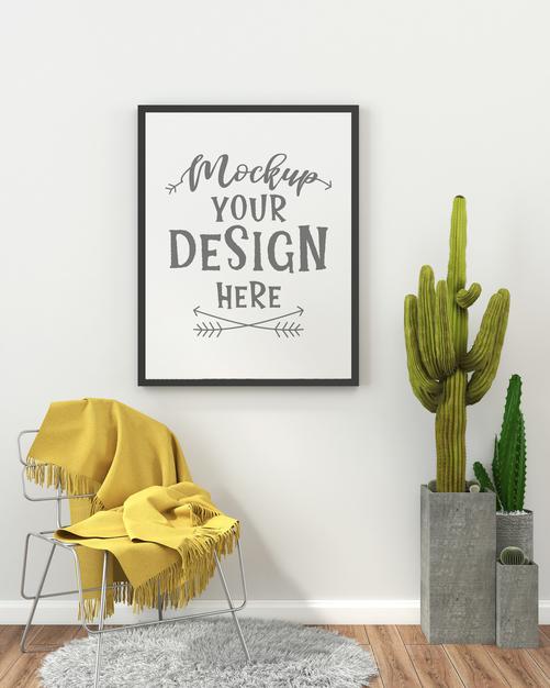 Free Poster Frame In Living Room Mockup Psd