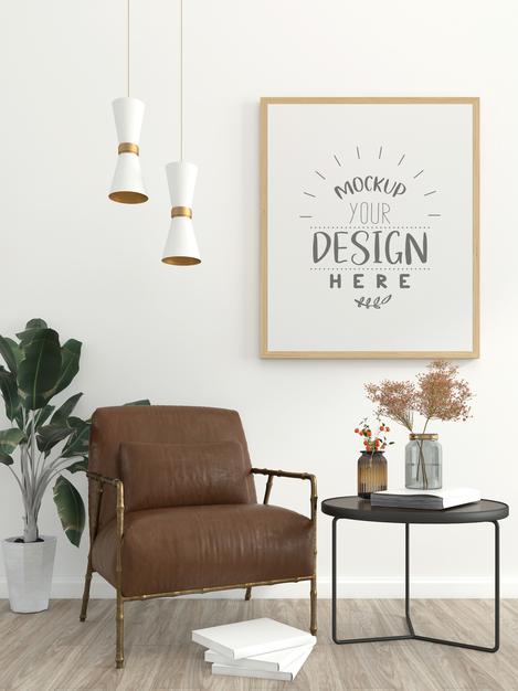 Free Poster Frame In Living Room Mockup Psd