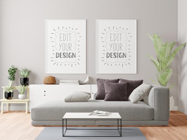 Free Poster Frame In Living Room Mockup Psd