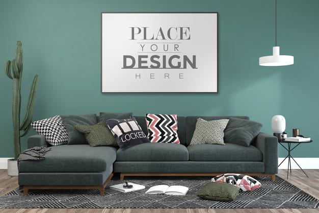 Free Poster Frame In Living Room Mockup Psd