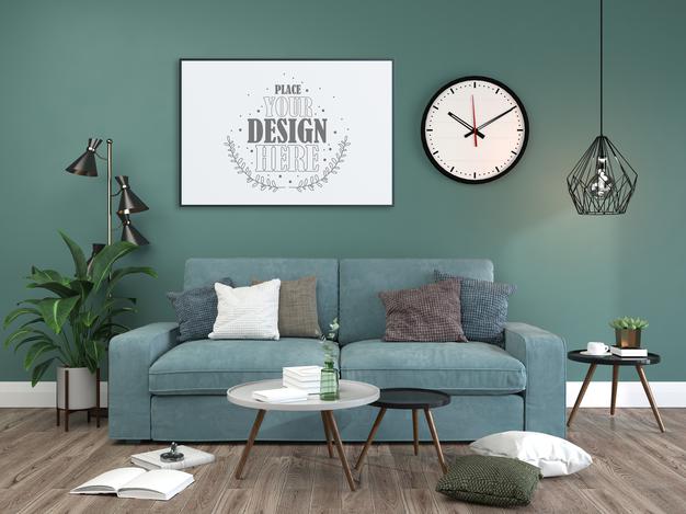 Free Poster Frame In Living Room Mockup Psd