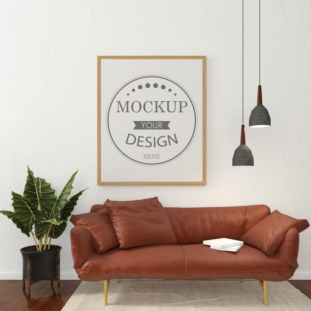 Free Poster Frame In Living Room Mockup Psd