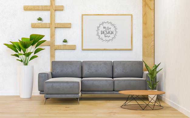 Free Poster Frame In Living Room Mockup Psd