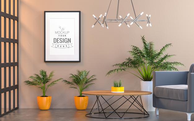 Free Poster Frame In Living Room Mockup Psd