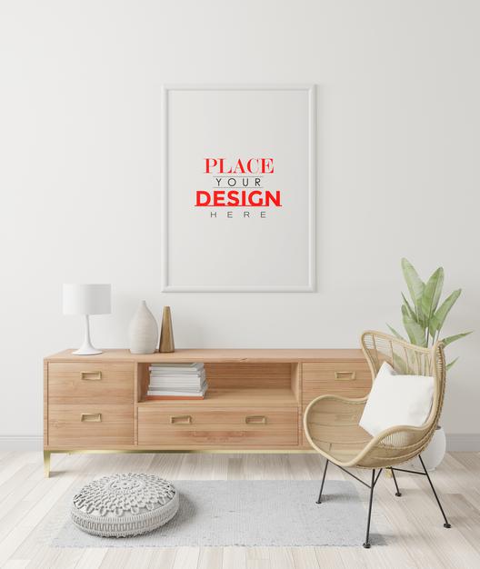 Free Poster Frame In Living Room Mockup Psd