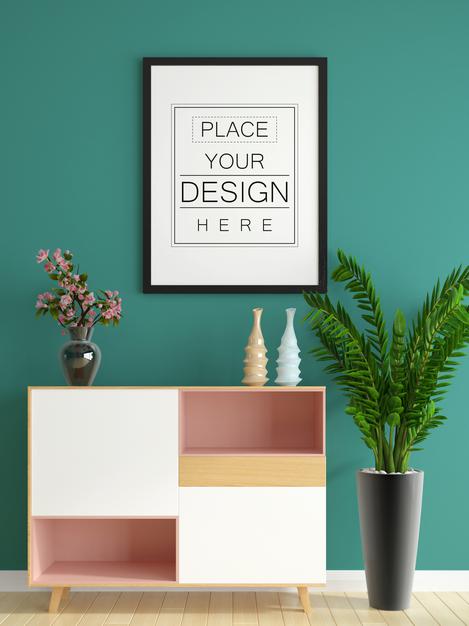 Free Poster Frame In Living Room Mockup Psd