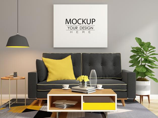 Free Poster Frame In Living Room Mockup Psd