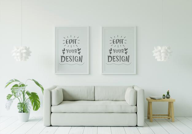 Free Poster Frame In Living Room Mockup Psd